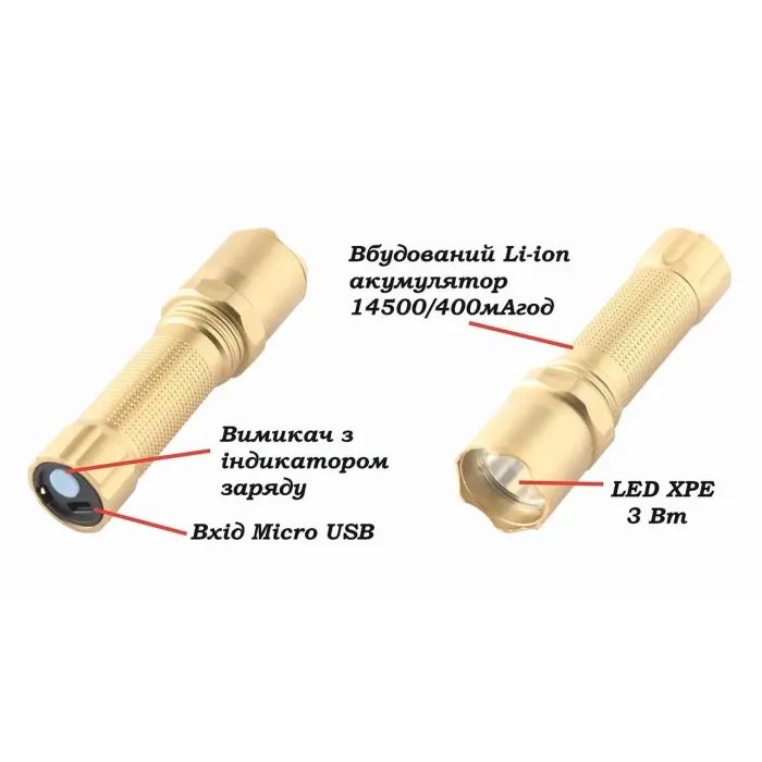 Фонарь Quantum Minik gold 3W LED з USB 40шт/уп (QM-FL1044-B) изображение 5