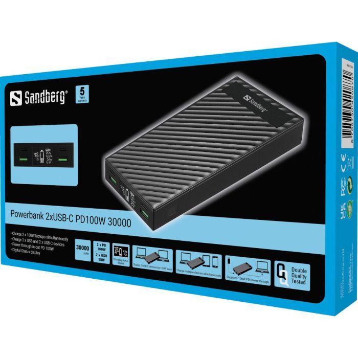 Батарея универсальная Sandberg 30000mAh, PD/100W, QC/3.0, UPS mode, +2*cable 100W (420-87) изображение 4