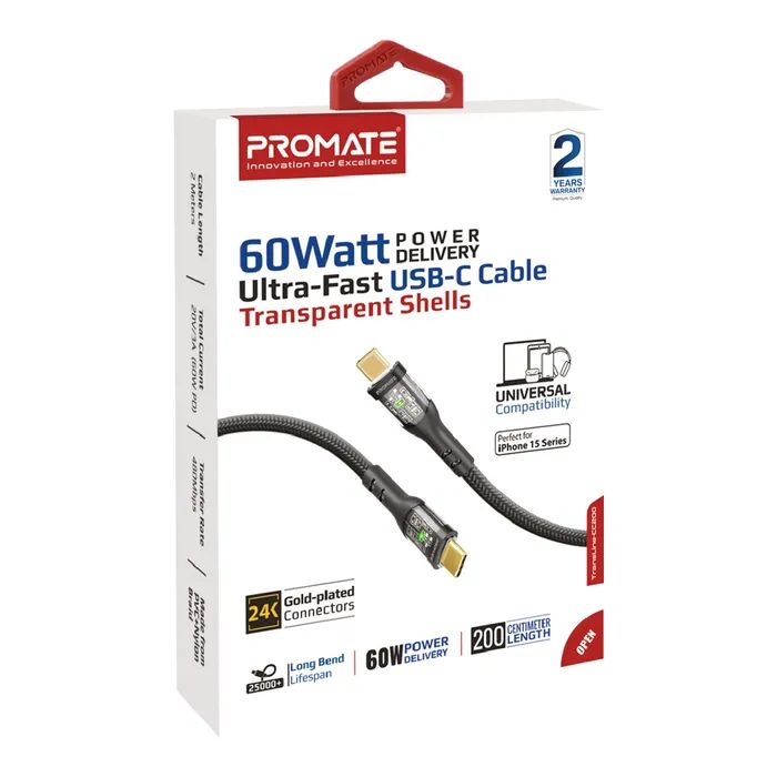 Дата кабель USB-C to USB-C transline-cc200.navy Promate (transline-cc200.navy) зображення 2