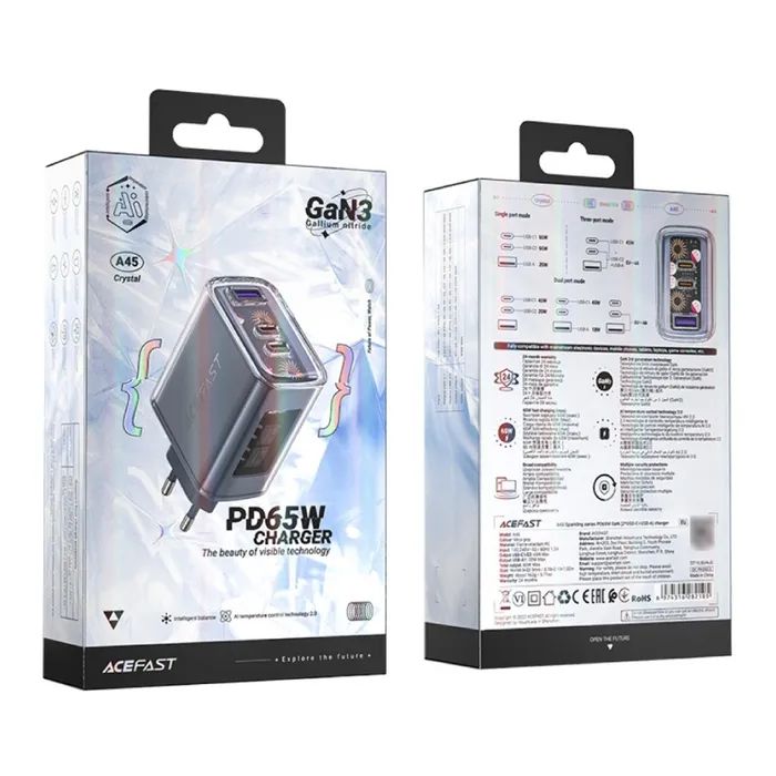 Зарядное устройство Acefast 3xUSB 65W (2xUSB-C+USB-A) Gan A45 Fast Charger Mountain mist (6974316282099) изображение 6