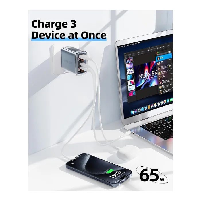 Зарядное устройство Acefast 3xUSB 65W (2xUSB-C+USB-A) Gan A45 Fast Charger Mountain mist (6974316282099) изображение 7