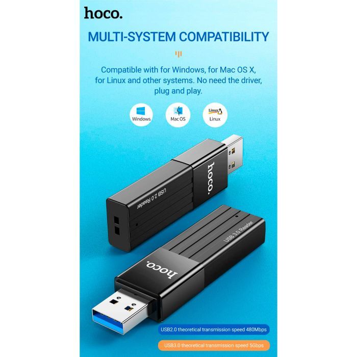Считыватель флеш-карт HOCO USB3.0 to microSD, microSDHC, microSDXC, SD, SDHC, SDXC, HB20 Black (6931474735218) изображение 7