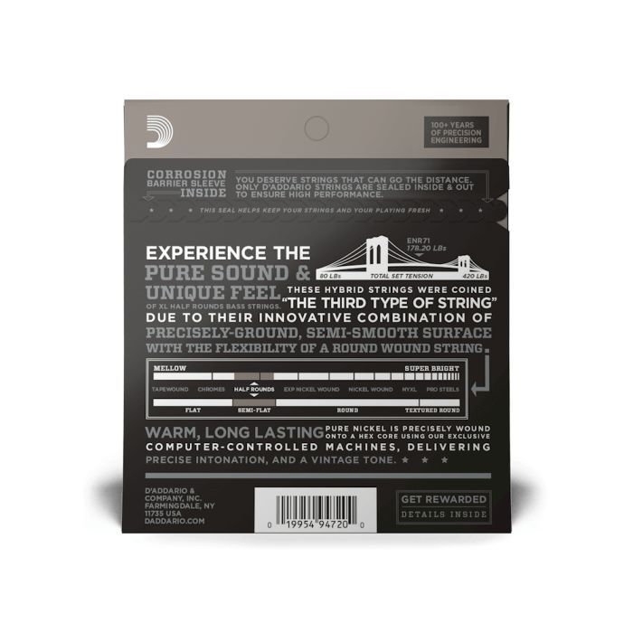 Струни для гітари D'Addario XL Half Rounds Bass Regular Light (45-100) (ENR71) зображення 3