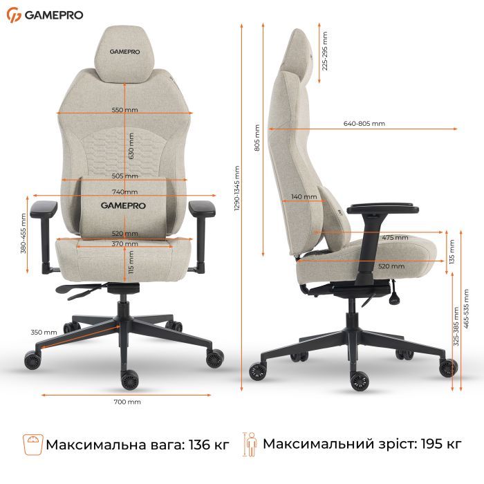 Крісло ігрове GamePro GC760DG Fabric Dark Gray (GC760DG) зображення 10