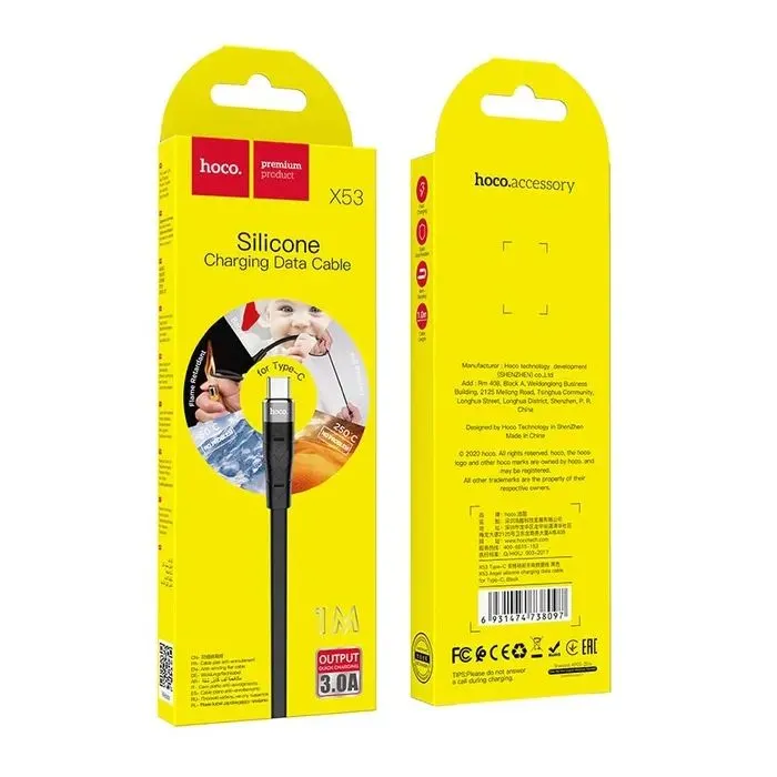 Дата кабель USB 2.0 AM to USB-C 1.0m 3A silicone X53 black HOCO (6931474738097) изображение 4