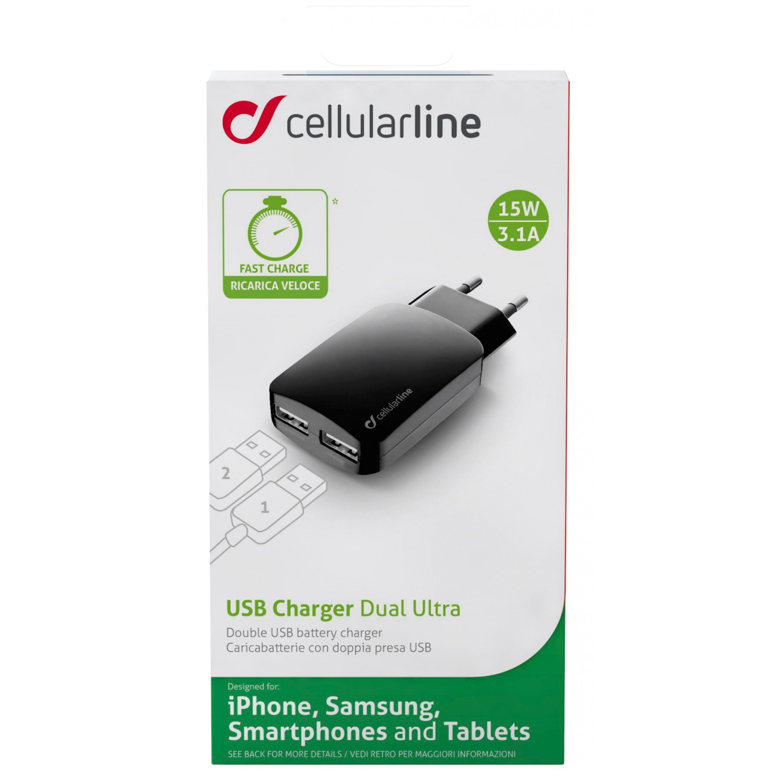 Зарядний пристрій 2*USB 3,1A Cellularline (ACHUSBMOBILEDUAL3A) зображення 3