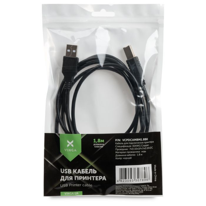 Кабель для принтера USB 2.0 AM/BM 1.8 m Vinga (VCPDCAMBM1.8BK) изображение 4