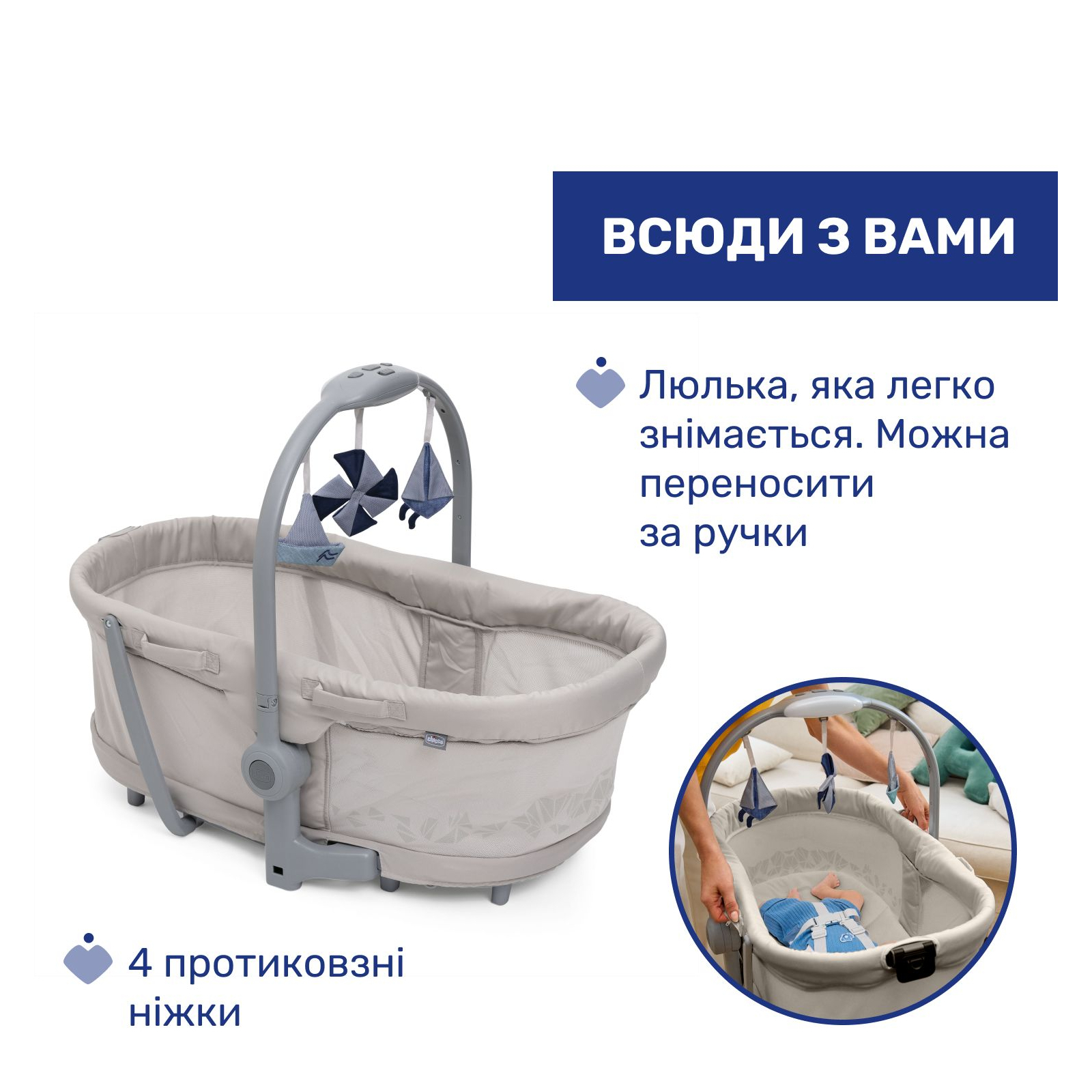 Кроватка Chicco Колыбель для новорожденного 5 в 1 Baby Hug Pro, белый (87076.14) изображение 3