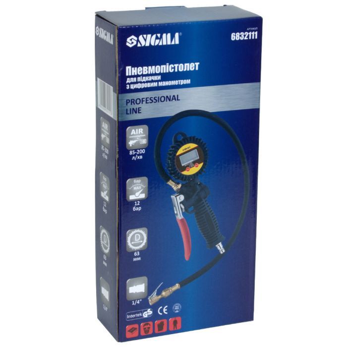 Пистолет для подкачки колес Sigma с цифровым манометром 85-200 л/мин, 12 бар (6832111) изображение 6