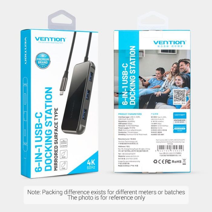 Концентратор Vention USB 3.1 Type-C to HDMI 4K60Hz/USB 3.0х3/RJ45/PD 87W 6-in-1 Mirrored Surface (TFFHB) зображення 10