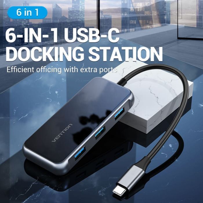 Концентратор Vention USB 3.1 Type-C to HDMI 4K60Hz/USB 3.0х3/RJ45/PD 87W 6-in-1 Mirrored Surface (TFFHB) зображення 2