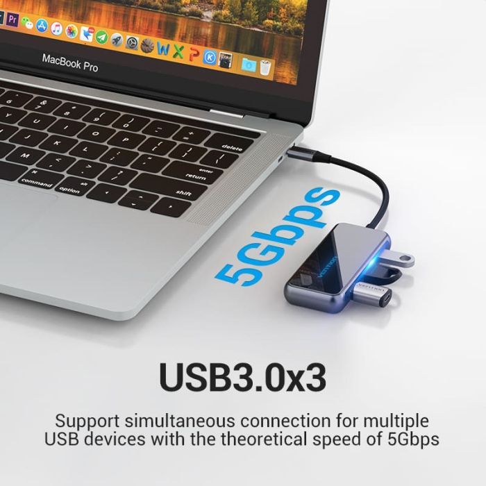 Концентратор Vention USB 3.1 Type-C to HDMI 4K60Hz/USB 3.0х3/RJ45/PD 87W 6-in-1 Mirrored Surface (TFFHB) зображення 6