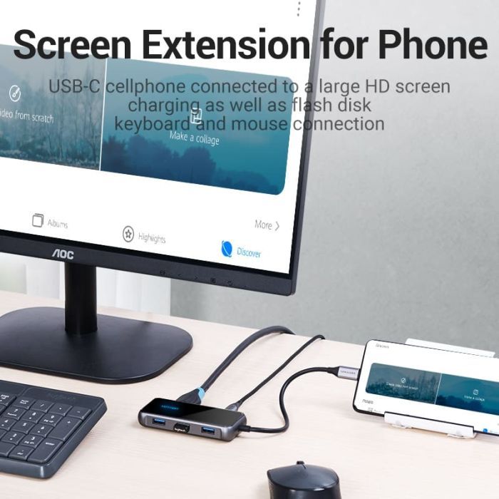 Концентратор Vention USB 3.1 Type-C to HDMI 4K60Hz/USB 3.0х3/RJ45/PD 87W 6-in-1 Mirrored Surface (TFFHB) зображення 9