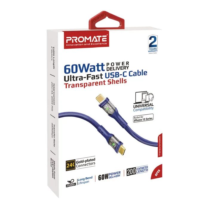 Дата кабель USB-C to USB-C transline-cc200.navy Promate (transline-cc200.navy) зображення 2