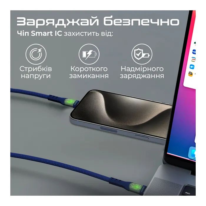 Дата кабель USB-C to USB-C transline-cc200.navy Promate (transline-cc200.navy) зображення 6