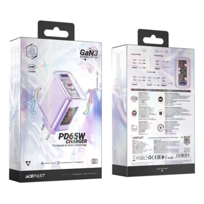 Зарядное устройство Acefast 3xUSB 65W (2xUSB-C+USB-A) Gan A45 Fast Charger Purple alfalfa (6974316282075) изображение 4