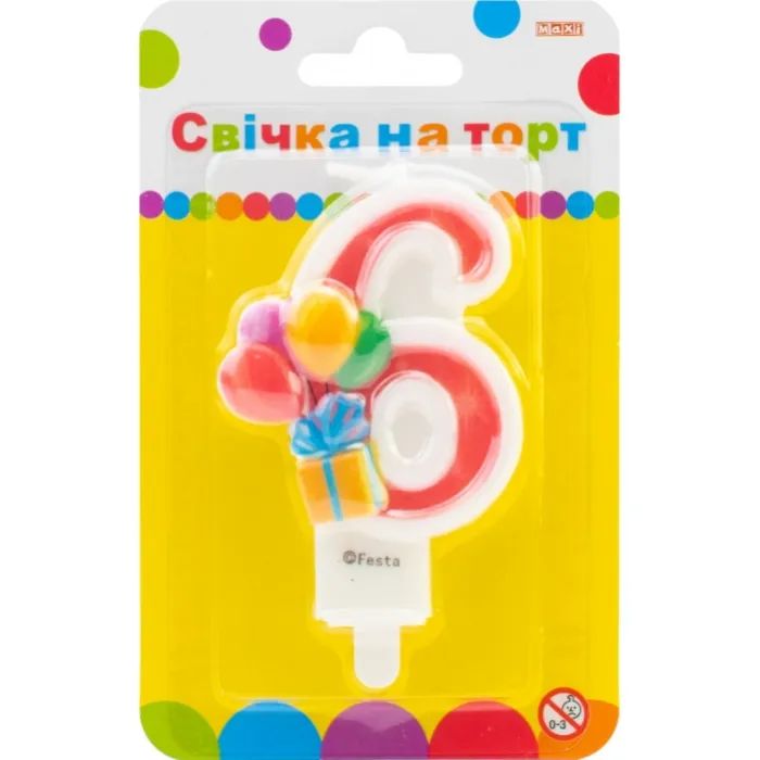 Свеча Maxi двостороння "6" із зображенням надувних кульок висотою 7,62 см (MX622069-6)