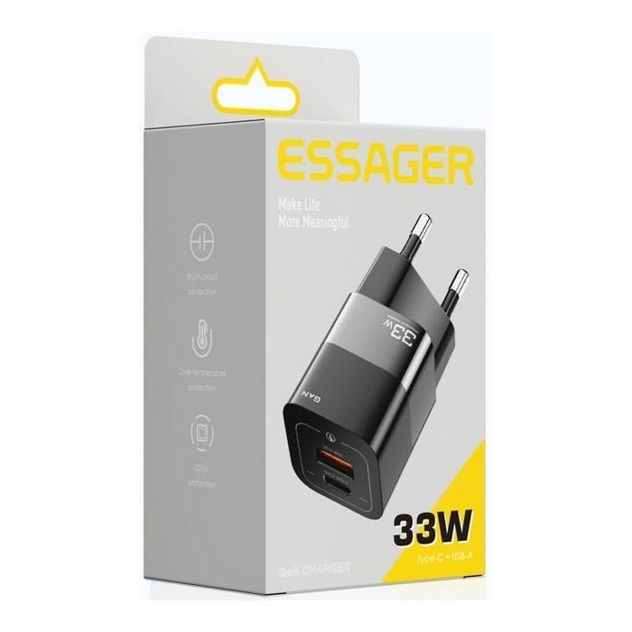 Зарядное устройство Essager 1xUSB + 1xUSB-C 33W GaN black (ECTCA-FZB01) изображение 3 Зарядное устройство Essager 1xUSB + 1xUSB-C 33W GaN black (ECTCA-FZB01) изображение 3