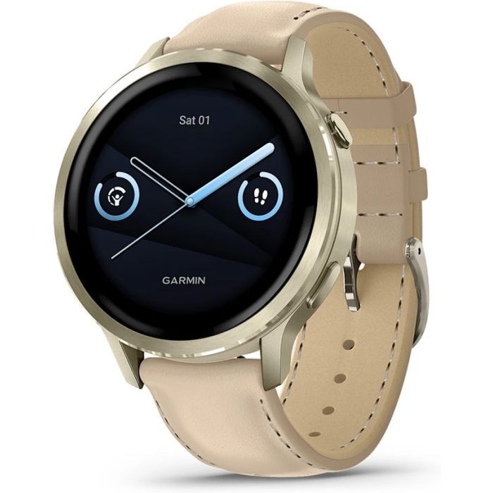 Смарт-часы Garmin Venu 4 (41mm), Beige w/ Lunar Gold + Leather, GPS смарт-годинник (010-03013-03)