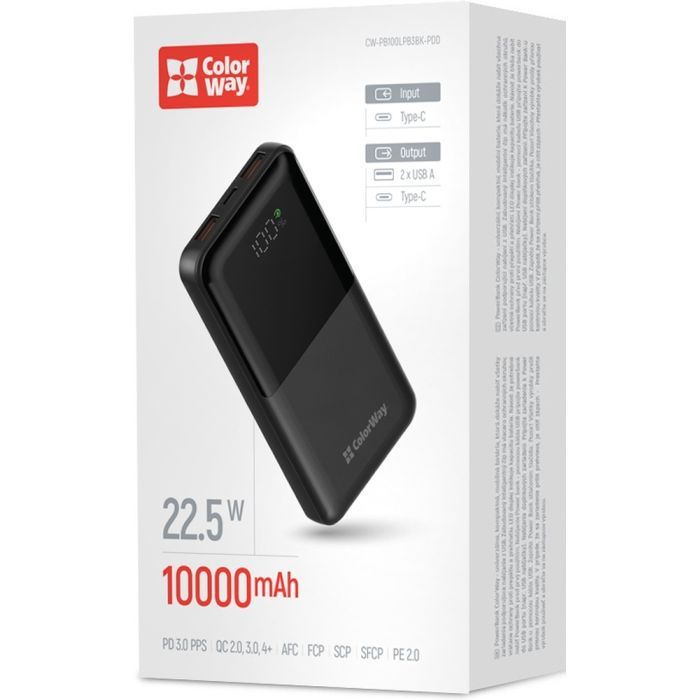 Батарея універсальна ColorWay 10 000 mAh PD/22.5W, QC/3.0, LCD, Black (CW-PB100LPB3BK-PDD) зображення 5