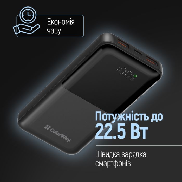 Батарея універсальна ColorWay 10 000 mAh PD/22.5W, QC/3.0, LCD, Black (CW-PB100LPB3BK-PDD) зображення 9