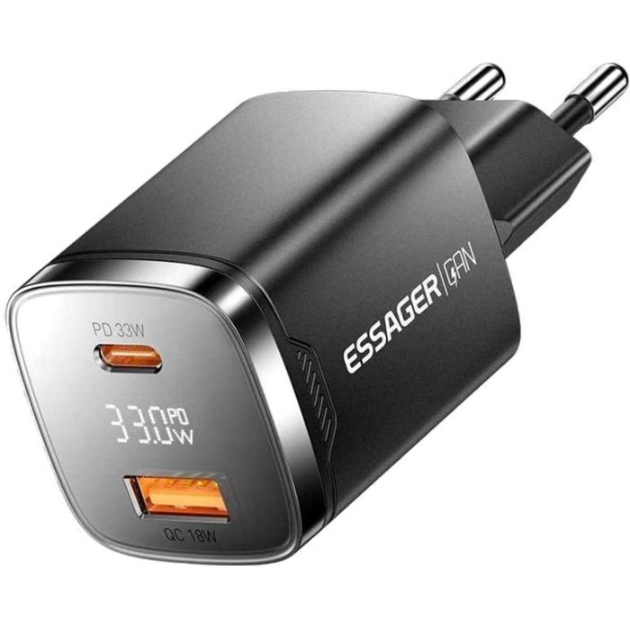 Зарядное устройство 1xUSB-C + 1xUSB 33W GaN black Essager (ECT33W-GMB01-Z)
