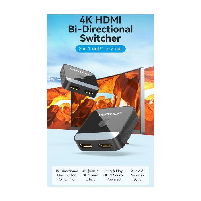 Спліттер Vention HDMI 2.0 UHD 4K 60Hz 3D, HDCP,1080P перемикач двонаправлений (AKOB0) зображення 12