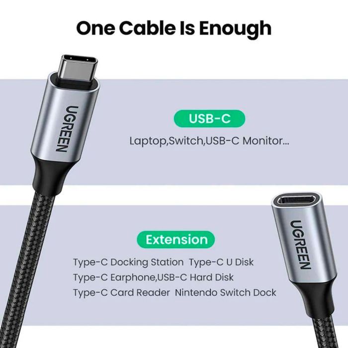 Дата кабель Ugreen USB-C M/F 1.0m 5A 10Gbps USB 3.1 black (30205) изображение 10