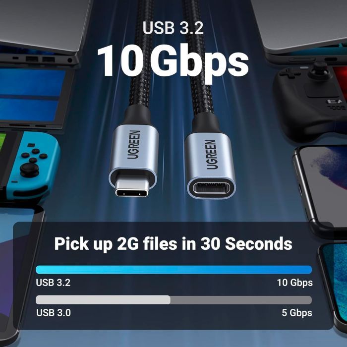 Дата кабель Ugreen USB-C M/F 1.0m 5A 10Gbps USB 3.1 black (30205) изображение 3