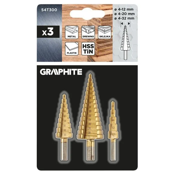 Сверло Graphite ступенчатые, TiN, 4x12/20/32мм, набор 3шт, 0.22кг (54T300) изображение 10