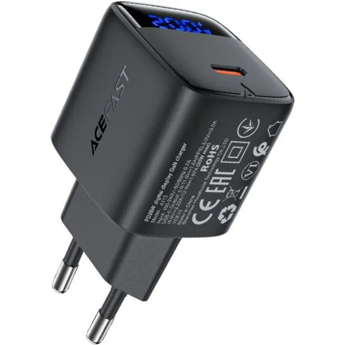 Зарядное устройство Acefast USB-C 20W GaN + cable USB-C with digital display black (6974316284420)