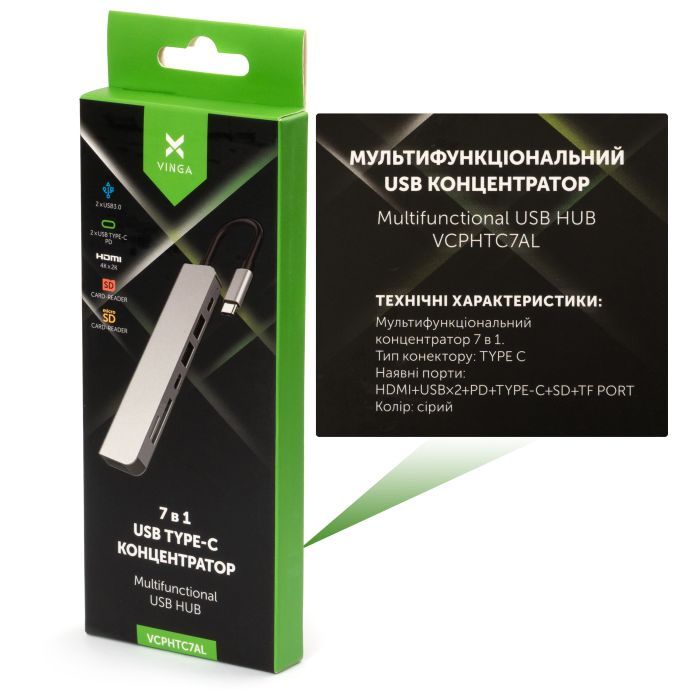 Концентратор Vinga Type-C to 4K HDMI+2*USB3.0+SD+TF+PD+USB-C 3.1 Gen1 aluminium (VCPHTC7AL) зображення 5