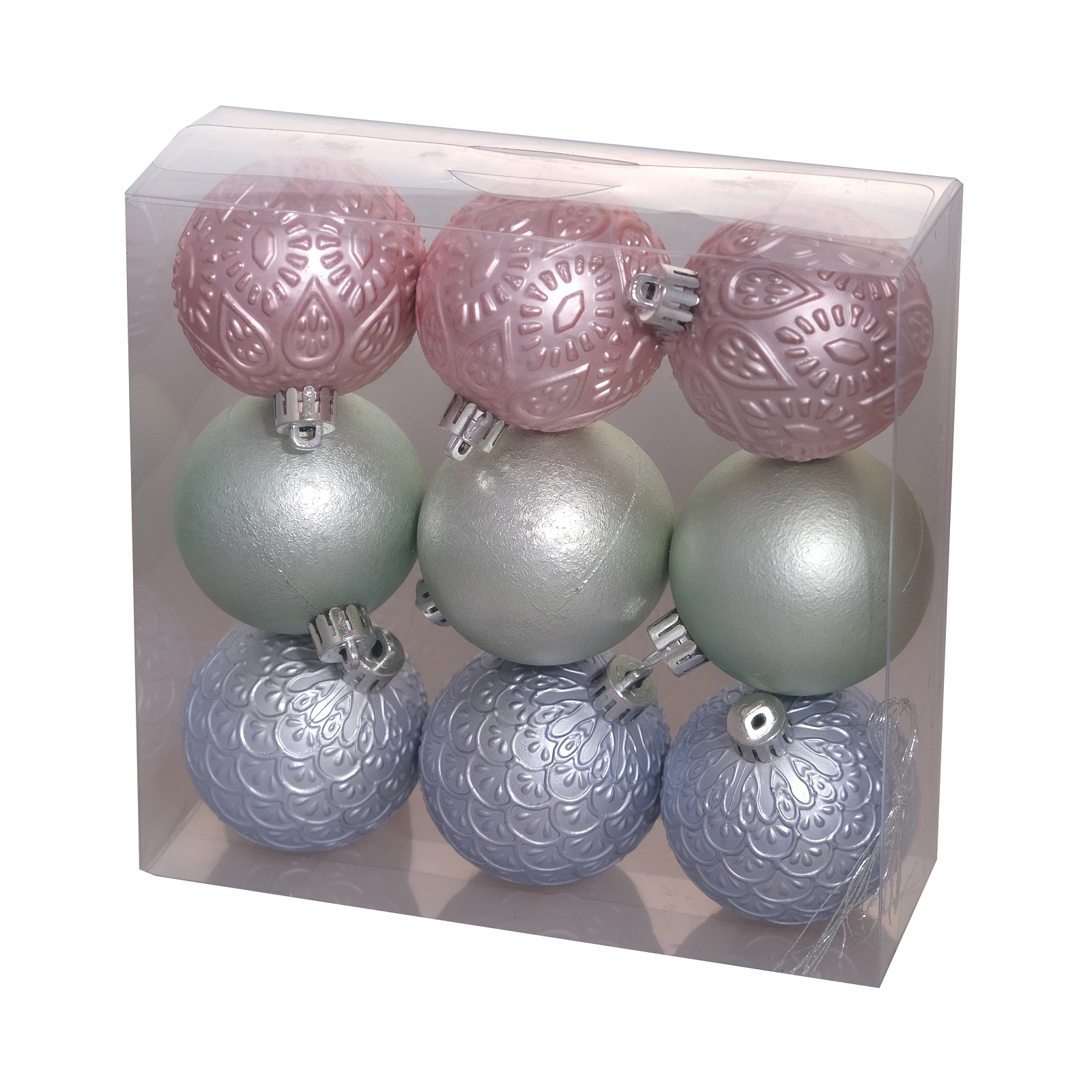 Ялинкова іграшка Chomik кульки з візерунком 9 шт, 6 см, зелений, рожевий, блакитний (5900779840638)