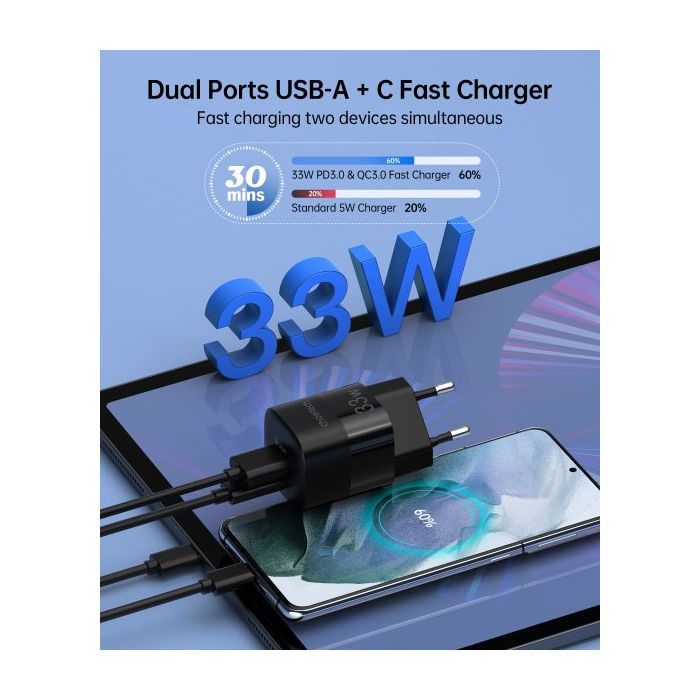 Зарядное устройство Choetech GaN USB-A/USB-C 33W QC3.0/PD/PPS (PD5006-EU-BK) изображение 3