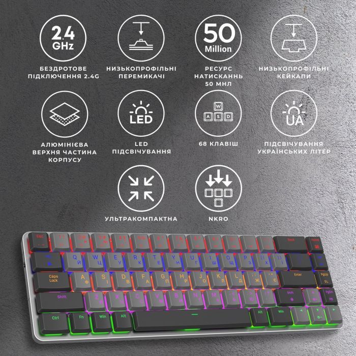 Клавіатура GamePro MK122R Red Swich Low Profile Wireless Dark Gray (MK122R) зображення 7