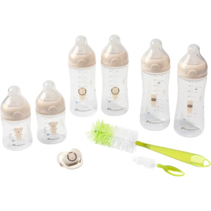 Набір для годування новонароджених Bebe Confort Physio Air Soft Sand 150 мл 270 мл х 2 шт 360 мл х 2 шт 2 шт з пустушкою та щіточкою (3101202500)