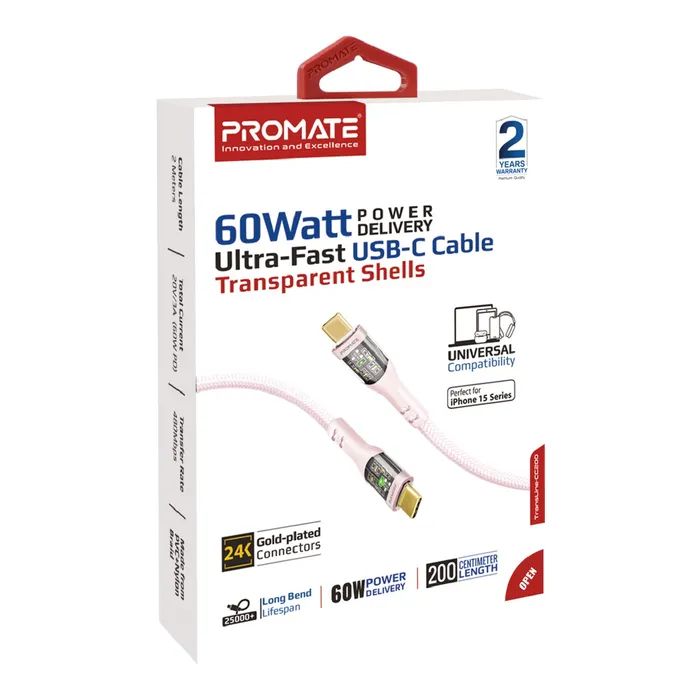 Дата кабель USB-C to USB-C transline-cc200.navy Promate (transline-cc200.navy) зображення 2