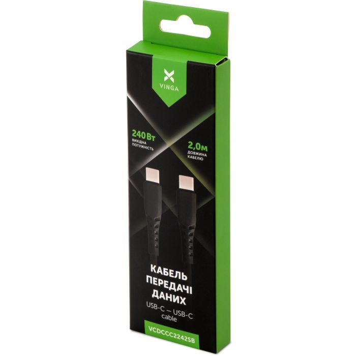 Дата кабель USB-C to USB-C 2.0m 240W Chip Silicon Black Vinga (VCDCCC2242SB) изображение 5