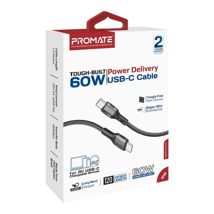 Дата кабель USB-C to USB-C 1.2m 60W PD FletchLink-CC black Promate (fletchlink-cc.black) зображення 2