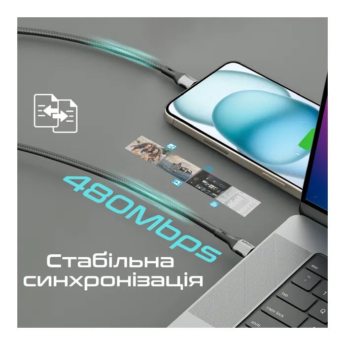 Дата кабель USB-C to USB-C 1.2m 60W PD FletchLink-CC black Promate (fletchlink-cc.black) зображення 5