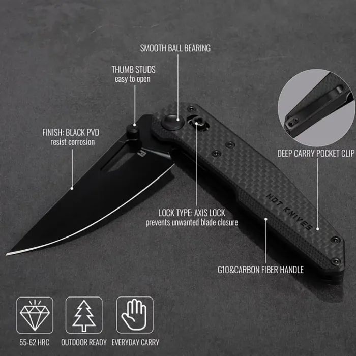 Нож Hightron Sharplyn, 14C28N, G10 + CF, чорний, чорний клинок (HK01BLK) изображение 11