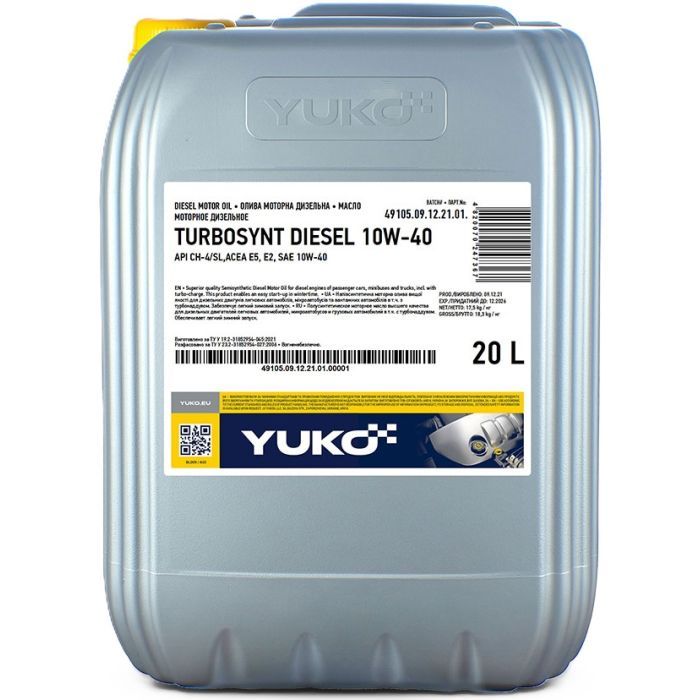 Моторное масло Yuko TURBOSYNT DIESEL 10W-40, API CH-4/SL 20л (4820070247367)