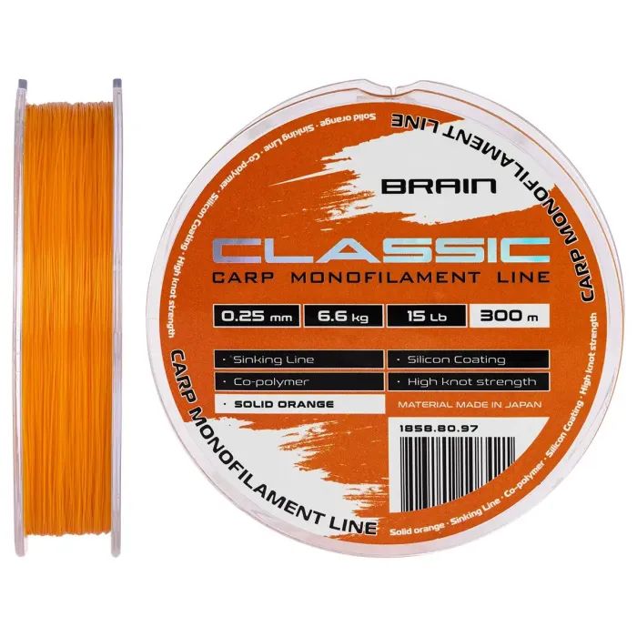 Леска Brain Classic Carp Line (solid orange) 300m 0.25mm 15lb 6.6kg (1858.80.97)
