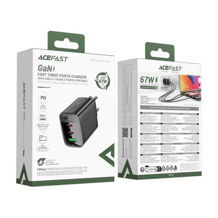 Зарядное устройство Acefast 2xUSB-C + 1xUSB 67W GaN black (6974316284048) изображение 5 Зарядное устройство Acefast 2xUSB-C + 1xUSB 67W GaN black (6974316284048) изображение 5