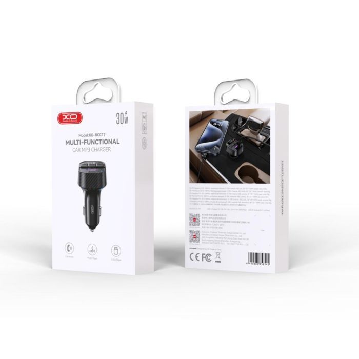 FM модулятор XO BCC17 Car Charger Smart Bluetooth Dual Port PD 30W Чорний (BCC17.black) зображення 4