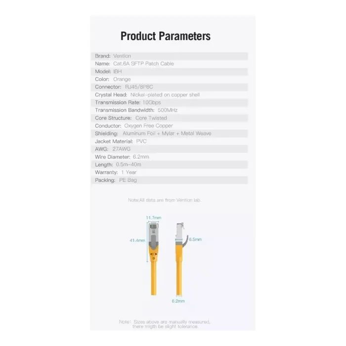 Патч-корд 0.3м, S/FTP cat 6a RJ-45 yellow Vention (IBHYAA) изображение 6