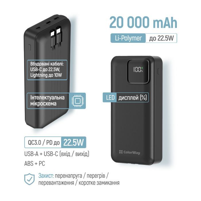 Батарея універсальна ColorWay 20 000 mAh Optimal Power PD/22.5W, QC/3.0, Black (CW-PB200LPB5BK-PDD) зображення 7