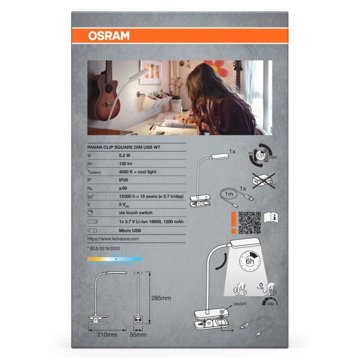 Настільна лампа Osram PANAN CLIP SQUARE DIM USB WT (4099854507496) зображення 6