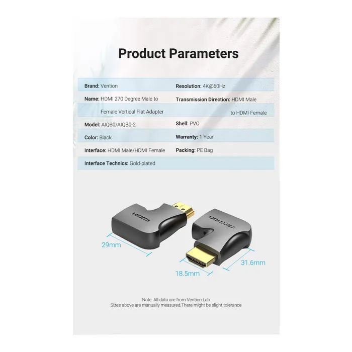 Переходник HDMI M to HDMI F 4K60Hz 90° corner black Vention (AIQB0) изображение 3