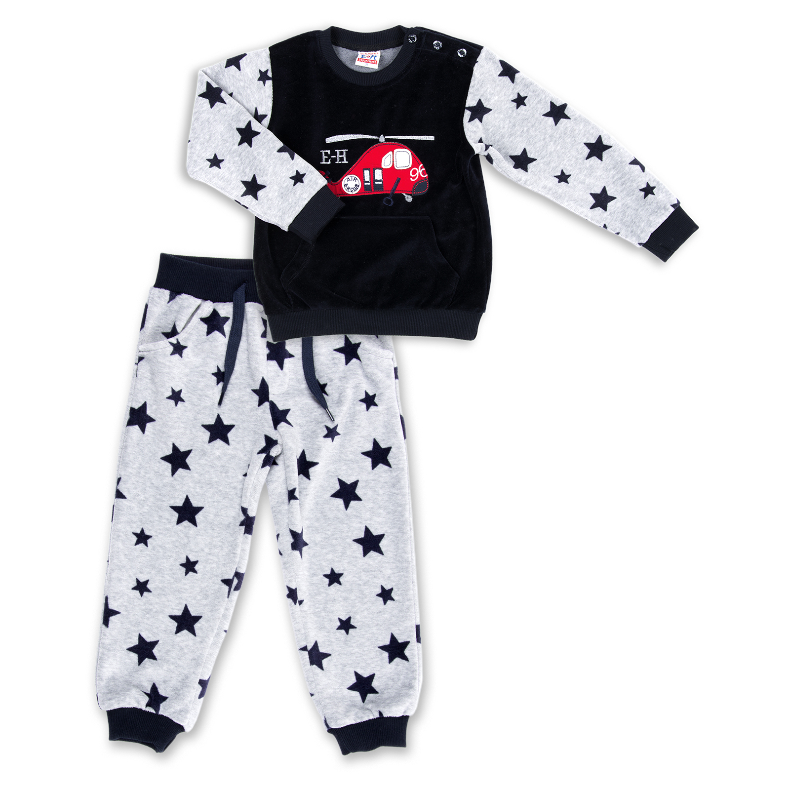 Набор детской одежды Breeze велюровый с вертолетом и штанишками в звездочку (8113-80/B-dark blue)
